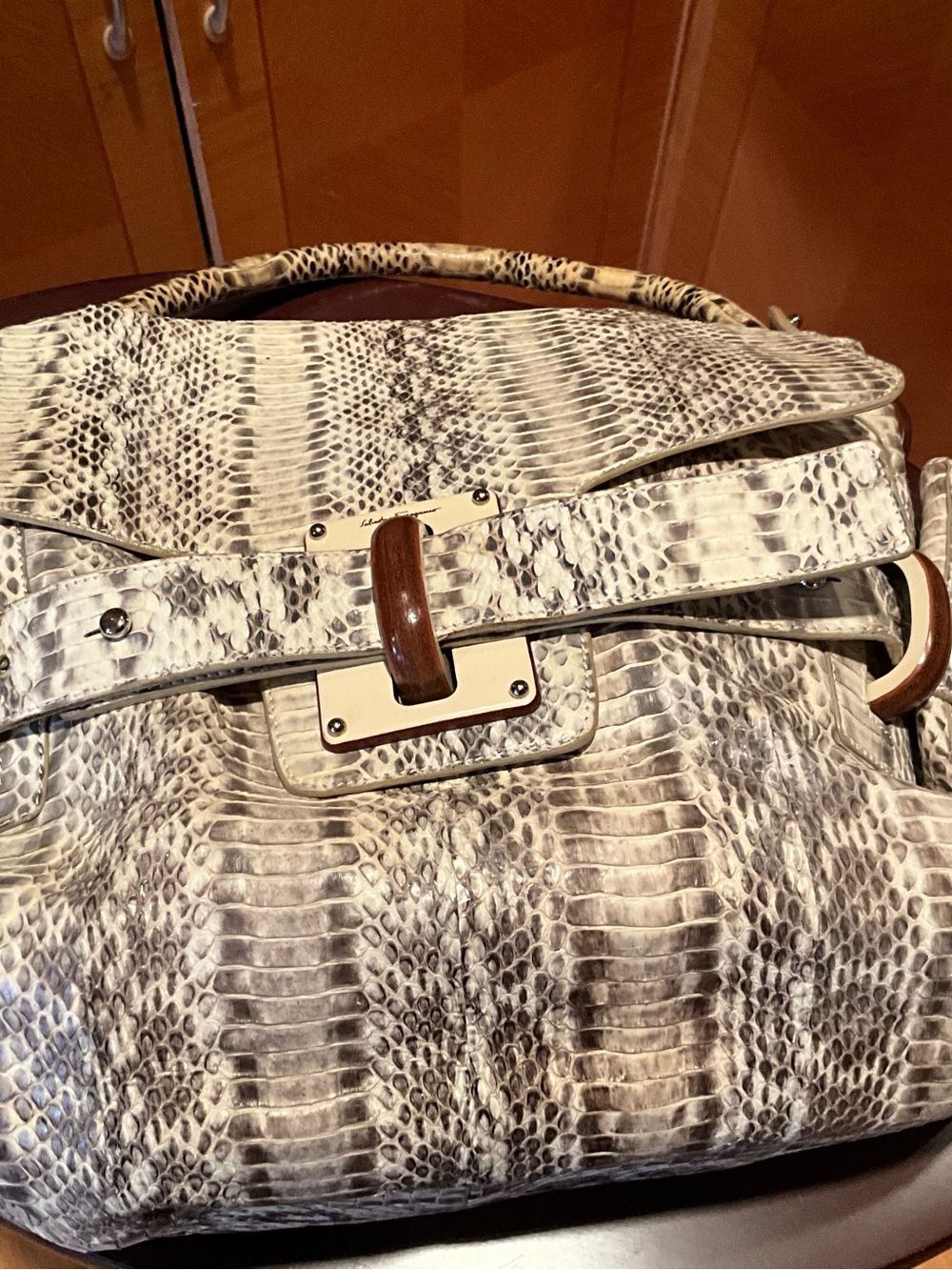 Salvatore Ferragamo Cream and Brown 100% real snake skin Shoulder Bag